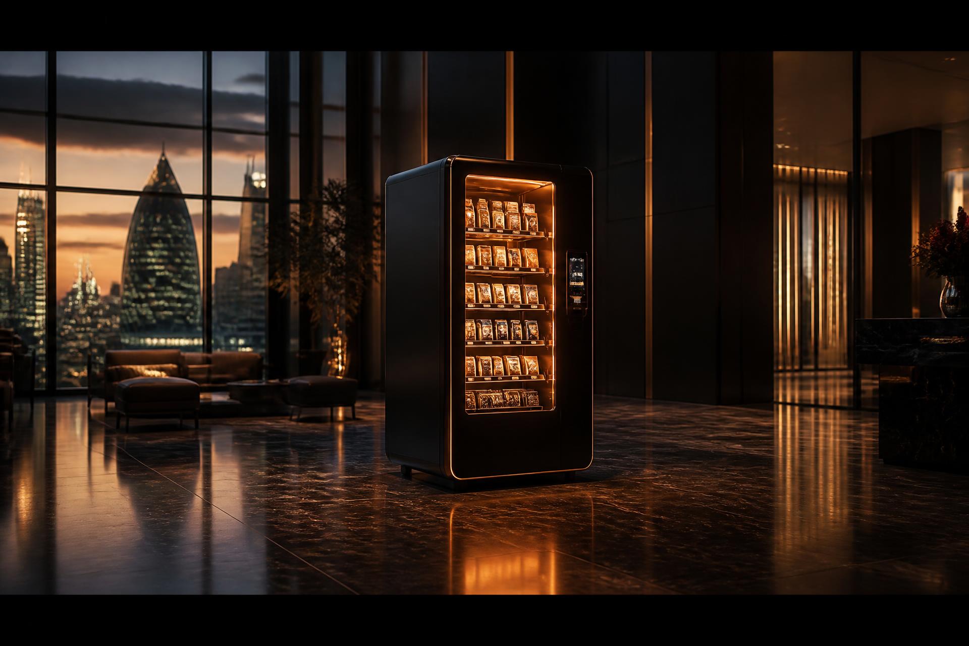 Premium vending machine glowing in a modern London skyline lobby at dusk